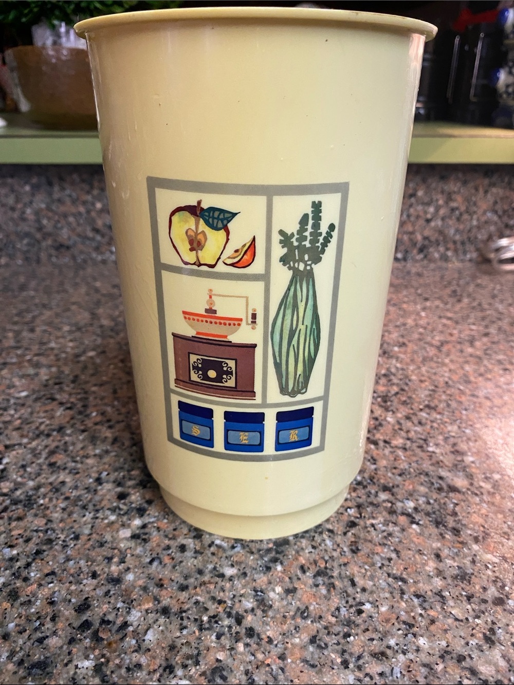 Vintage 1970’s Cream Decorative Kitchen Utensil Holder with Fruit & Herb Motif
